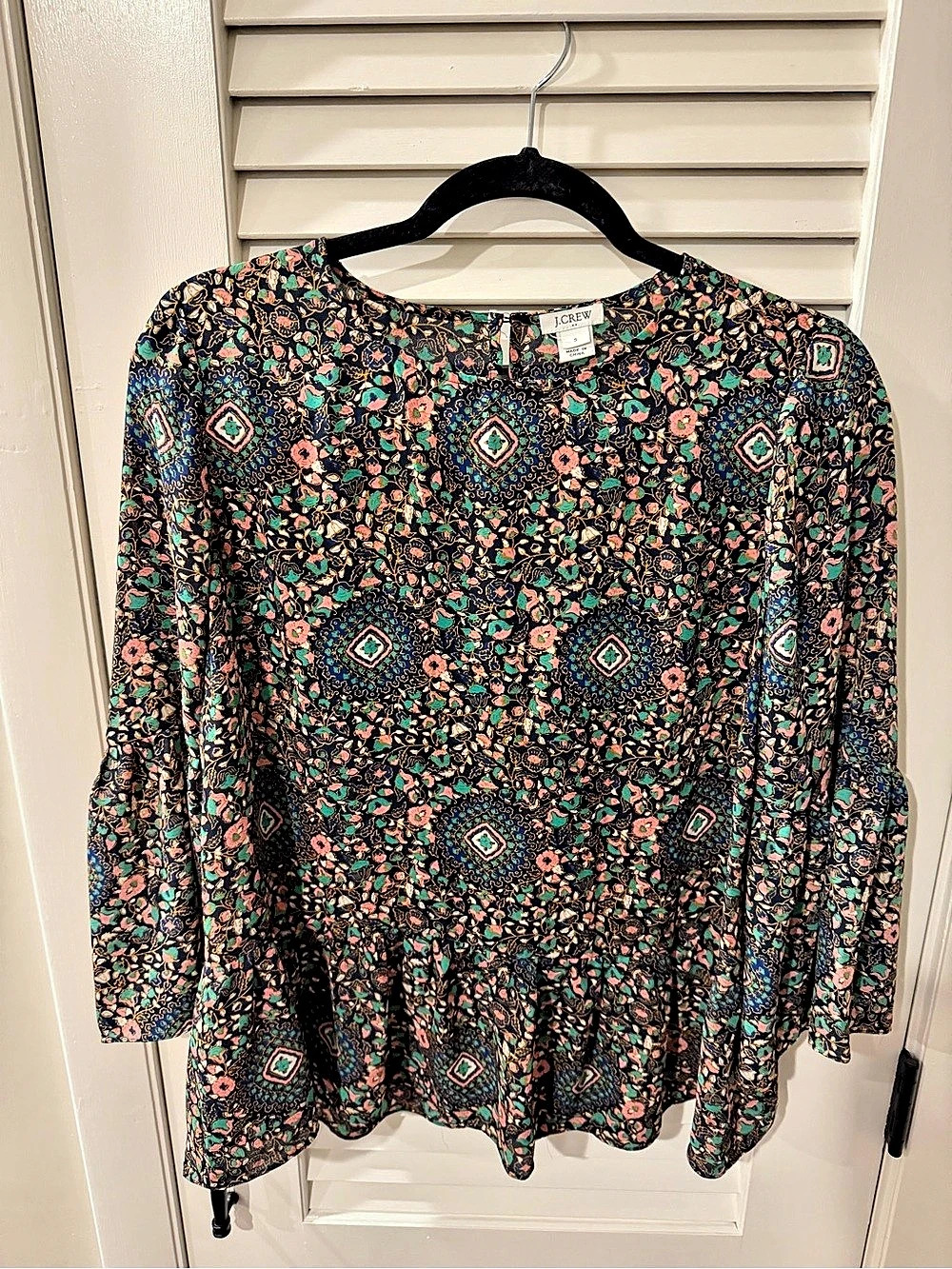 J.CREW Floral Peplum Blouse in Black & Pink Size Small